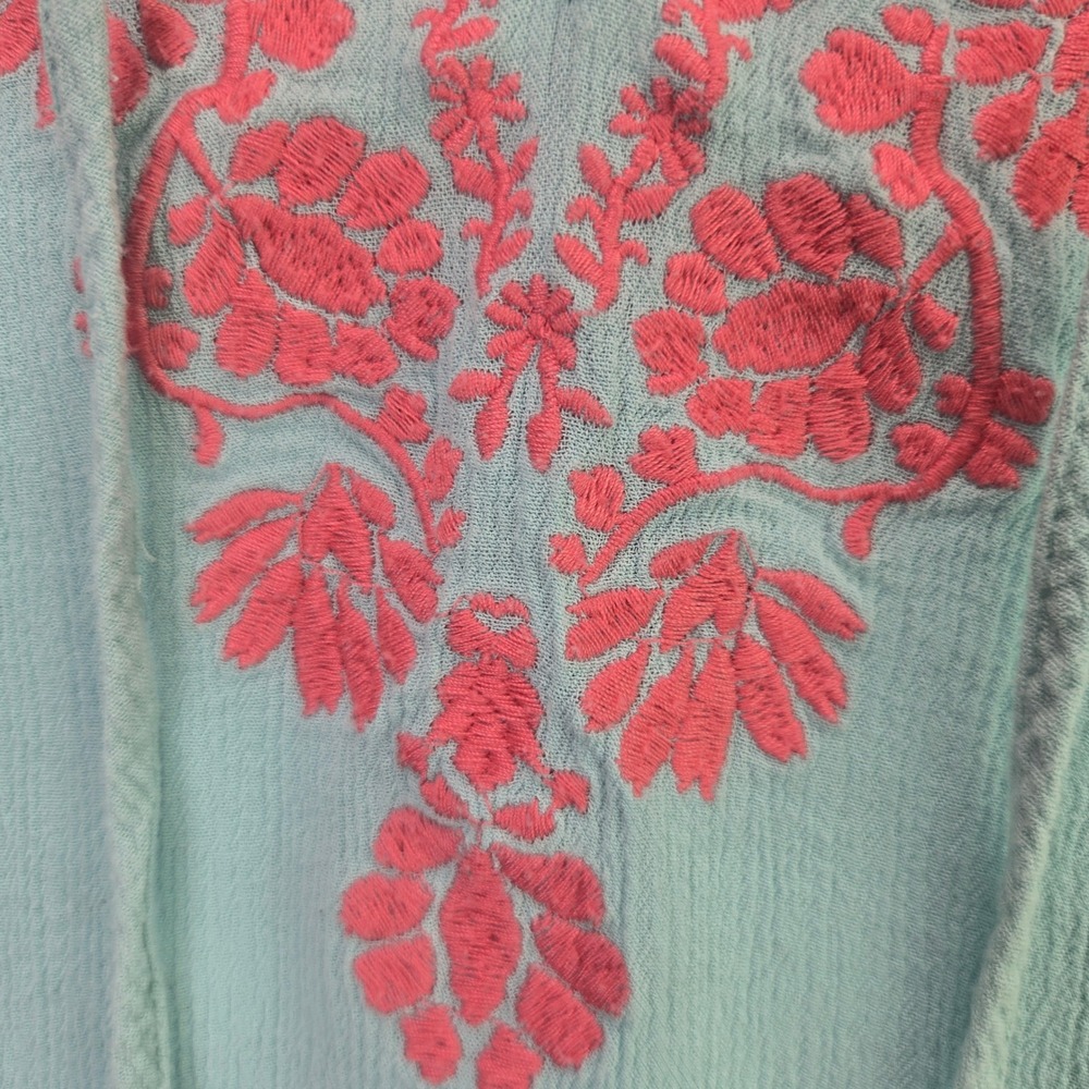 Torrid Blouse Boho Embroidered Tassel 2 Aqua Blue Pink Short Sleeve Plus Size - Picture 4 of 8
